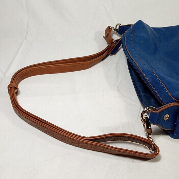 Liz Soto Vegan Leather Purse Navy Blue with Brown Removeable Strap, 12 x 12 Inch - Picture 4 of 7